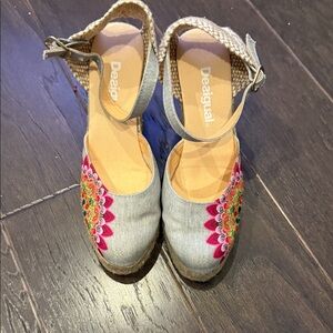 Desigual Gray Espadrilles with Pink Floral Mandala Embroidery
